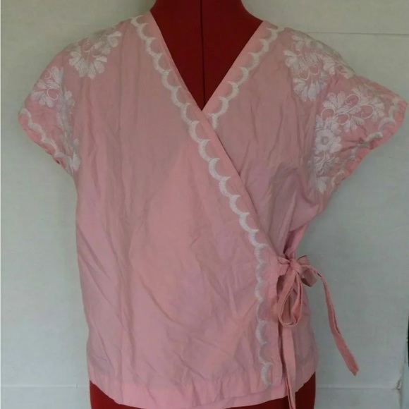 Madewell Embroidered Side-Tie Wrap Top WOMENS SIZE SMALL PINK - Picture 3 of 4